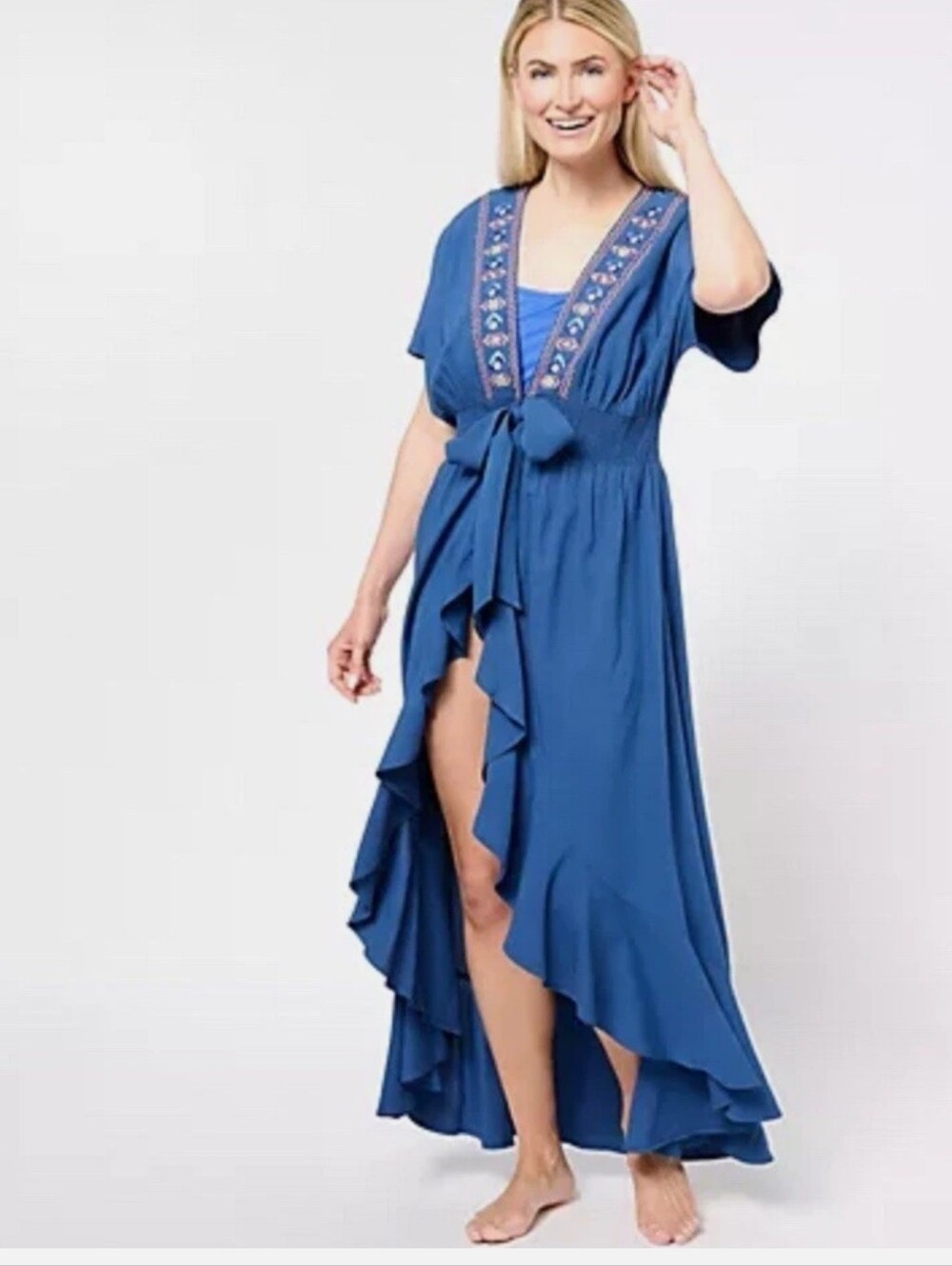 Embroidered Blue High-Low Maxi Dress with Tie Waist